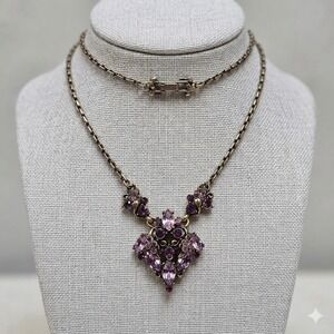 Hollycraft 1952 Vtg Purple Rhinestone Necklace Antiqued Gold Tone Mid Century